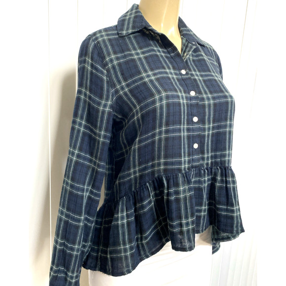 Trovata Birds Paradis Button Down Top Shirt Peplum Flannel Long Sleeve Blue XS - Picture 3 of 7